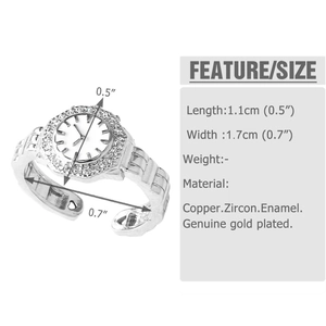Detail van 18k vergulde koperen horloge-stijl ring met wit emaille en zirkonia-steentjes