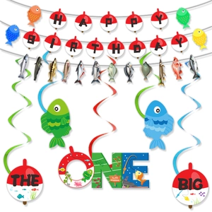 Fishing themed birthday party kit with Happy Birthday banner and The Big One cake topper