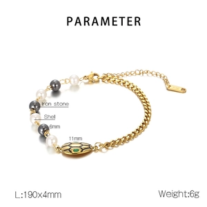 Detailed spec sheet showing 190mm gold bracelet with shell beads and K18 marking