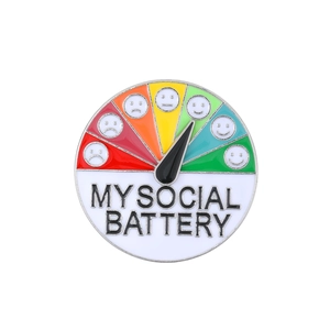 Rotating Social Battery enamel pin with rainbow colors and interactive mood pointer