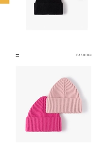 Detail of ribbed knit beanies in black, rose pink and light pink with fashion layout