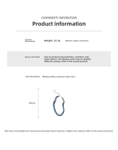 Detailed size chart for blue square earrings and necklace showing 28cm length and weights