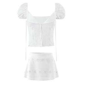 Femme Blanc Coton Broderie Anglaise Dentelle Cardigan Jupe Mini Plissée Camisole Haut Et Bas Mode Urbaine Décontracté