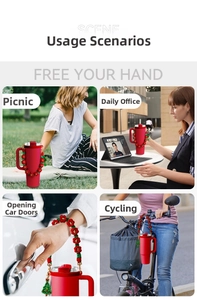 Red insulated tumbler with woven flower strap shown in picnic, office and travel scenes