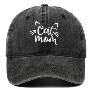 Faded black cat mom embroidered baseball cap with kitty ears and whiskers graphic