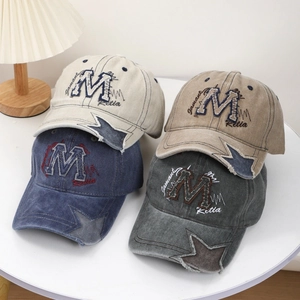 Vintage Washed Cotton Baseball Cap M Logo Embroidery Star Patch Distressed Street Style Peaked Hat Adjustable Men Women