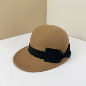Brown wool felt equestrian hat with black ribbon bow and vintage short brim design