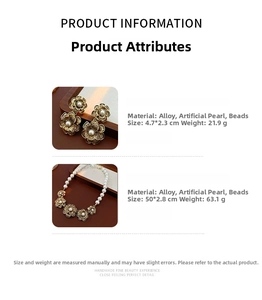 Detailed view of vintage gold flower jewelry set with artificial pearls and dimensions