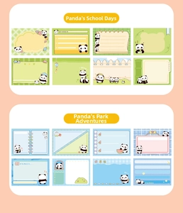 Detail view of sixteen cute panda cartoon sticky note designs in green and blue themes