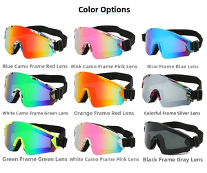 Detailed color options for ski goggles featuring various frames and mirrored lens coatings