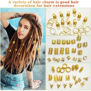 Detailed set of golden dreadlock charms including rings and cuffs on hair extensions