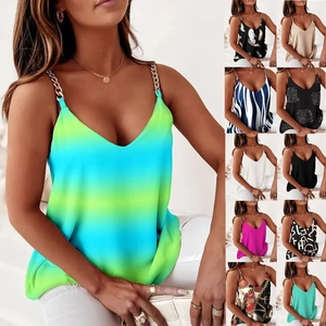 Women Elegant V Neck Tank Top Metal Chain Straps Printed Sleeveless Cami Fashion Polyester Shirt