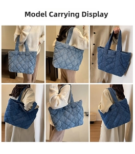Détail du sac cabas en denim bleu foncé avec matelassage en losanges et grande capacité