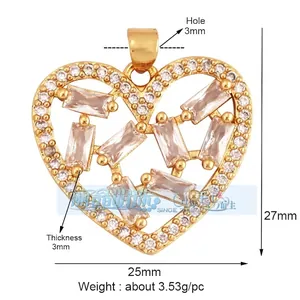 Golden heart pendant with micro-set zircon stones, size 27mm x 25mm for DIY jewelry