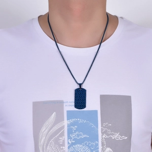 Men's titanium steel long necklace with blue diamond-textured dog tag pendant on model