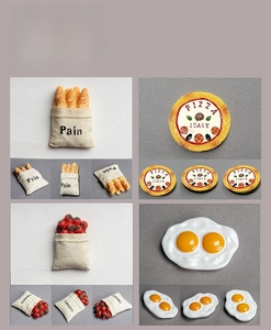 Detailed views of 3D resin food fridge magnets including baguette, pizza and tomato