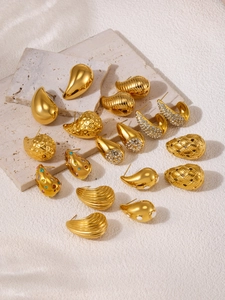 Detailed close-up of 18K gold plated teardrop stud earrings with zircon and shell texture