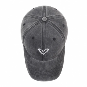 Distressed charcoal grey washed cotton baseball cap with white heart embroidery