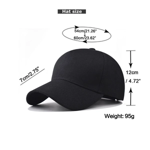 Detailed size guide for black polyester baseball cap with adjustable strap and measurements