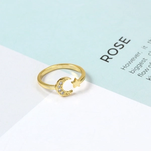 Moon And Star Open Ring Copper With AAA Zirconia Elegant Adjustable Jewelry For Women
