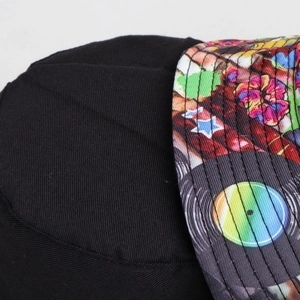 Retro 80s 90s bucket hat with black crown and graffiti vinyl record print brim