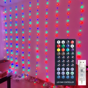 Detail view of RGB LED curtain lights with multi-function remote control and USB connector