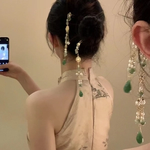 Pic À Cheveux Style Chinois Vintage Fleur En Verre Alliage Long Frange Faux Künstliche Perle Pendentif Vert Élégant