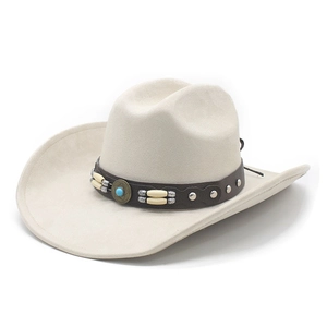 Western style faux suede cowboy hat in cream white with studded leather band and turquoise