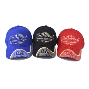 Three Hollywood embroidered baseball caps in blue, black, and red with CA brim detail