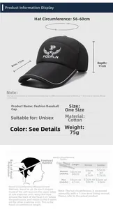 Detailed size chart for the breathable outdoor fishing cap with measurement guide