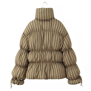 Women's vertical striped puffer jacket with high stand collar and drawstring cuffs in beige