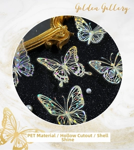Macro detail of PET butterfly sticker with iridescent shell light effect on dark background