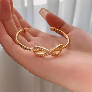 Gold Plated Infinity Knot Open Bangle Bracelet Copper With Cubic Zirconia Micro Pave Elegant Fashion Jewelry For Women