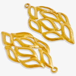 Detailed view of two gold hollow leaf pendants in 304 stainless steel for DIY jewelry