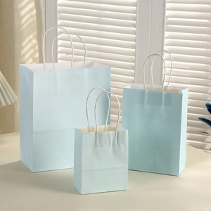 Three sizes of light blue macaron paper gift bags with white twisted rope handles on a table