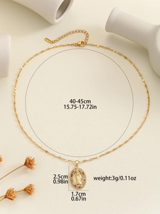Detailed size chart showing 40-45cm gold necklace length and Virgin Mary pendant dimensions