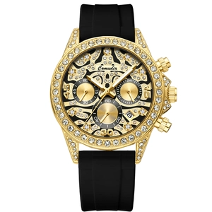 Montre de luxe dorée pour homme avec lunette en strass et cadran noir ajouré