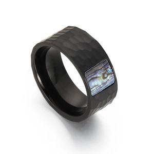 Bague Pour Homme En Acier Inoxydable Motif Martelé Anneau Punk Rétro Avec Incrustation De Nacre D'abalone