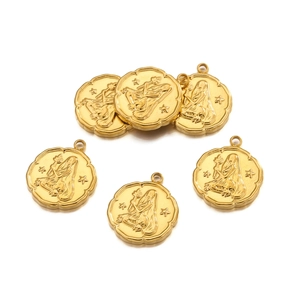 Detailed view of six gold-plated stainless steel zodiac charms for DIY jewelry making