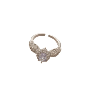 Elegant silver flower open ring featuring a purple oval gemstone and dainty zircon leaves