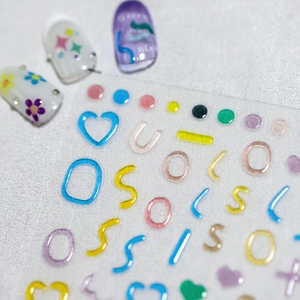 3D embossed translucent jelly nail stickers with colorful letters and hearts for manicure