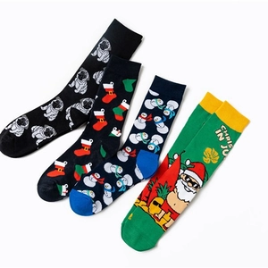 Funny Christmas cotton crew socks with pug dog, snowman and Santa Claus patterns