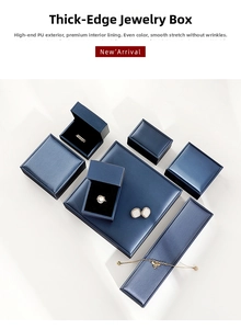 Detail view of navy blue PU leather jewelry box collection with matte finish and velvet lining
