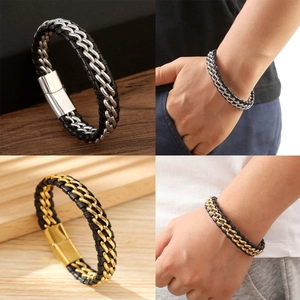 Men Braided Leather Bracelet With Stainless Steel Chain Magnetic Clasp Geometric Handmade Bangle Jewelry Vintage Casual