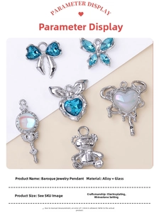 Baroque style blue heart and bow alloy pendants with sparkling glass inlay for jewelry DIY