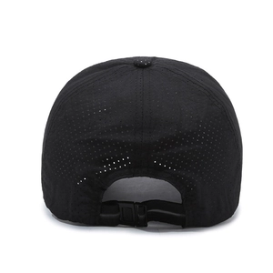 Lightweight black quick-dry baseball cap with perforated vents and adjustable strap