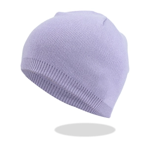 Close-up of lavender knitted beanie showing fine texture and elastic ribbed cuff