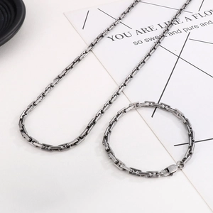 Minimalist industrial style silver rectangular link chain necklace and bracelet set