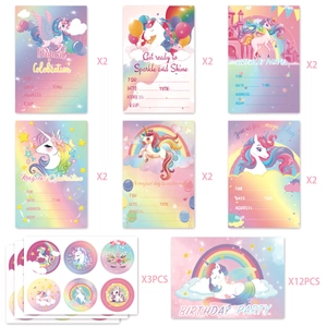 Detailed set of 12 unicorn birthday invitation cards with stickers and party banner