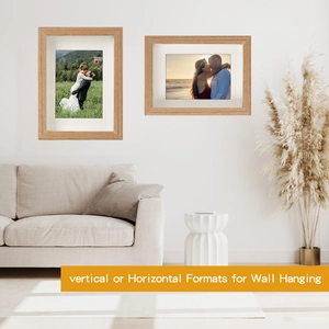 Minimalist solid wood frames with white mats shown in vertical and horizontal formats